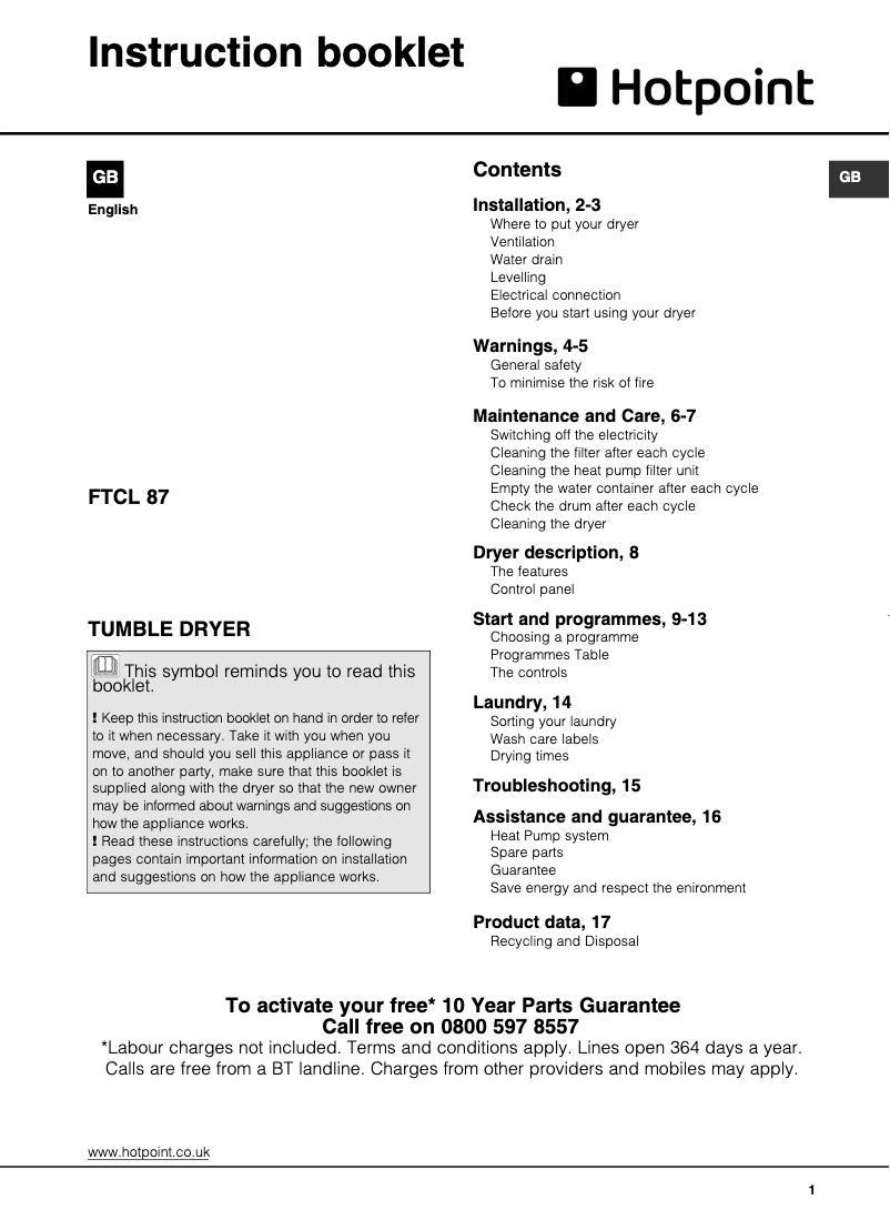 Page 1 of the manual User Manual Hotpoint FTCL 871 GP Aquarius