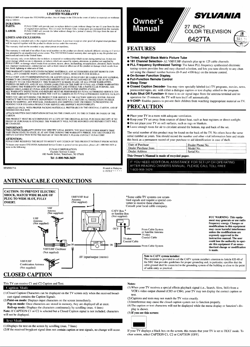 Page 1 of the manual User Manual Sylvania 6427TA