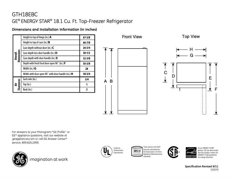 Page 1 of the manual Technical Sheet GE GTH18EBCBB