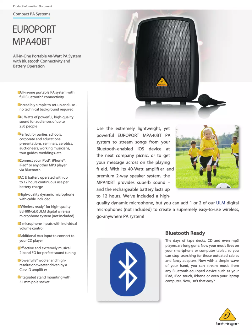Page 1 of the manual Technical Sheet Behringer Europort MPA40BT