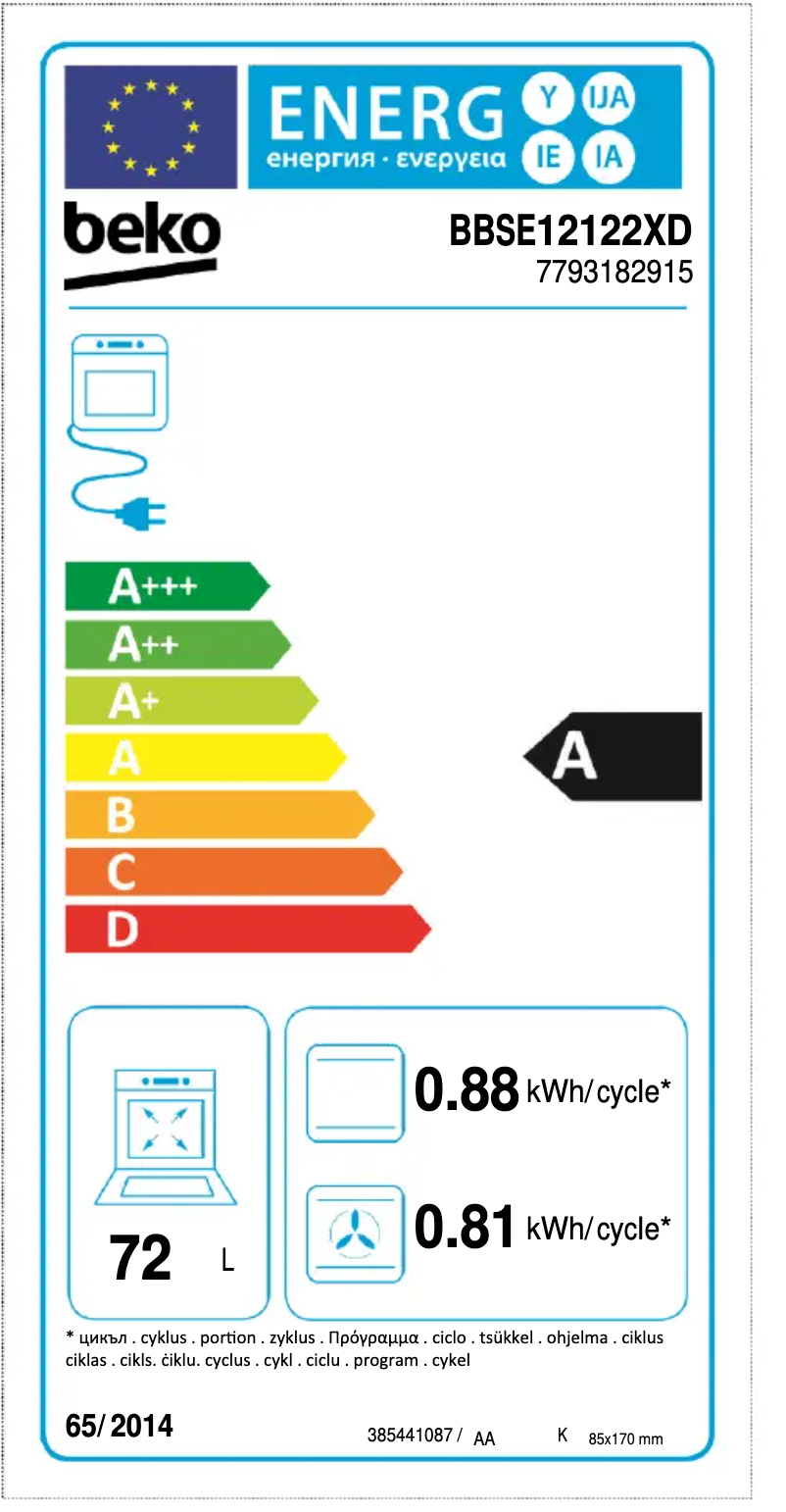 Page 1 of the manual Energy Label Beko BBSE12122XD