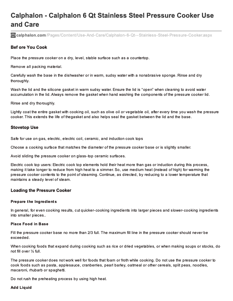 Page 1 of the manual User Manual Calphalon 6 Qt