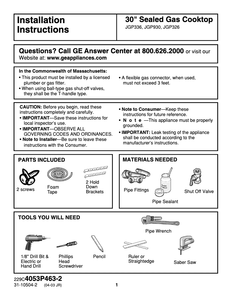Page 1 of the manual Installation Guide GE JGP326BEVBB