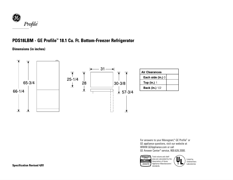 Page 1 of the manual Technical Sheet GE Profile PDS18LBMWW