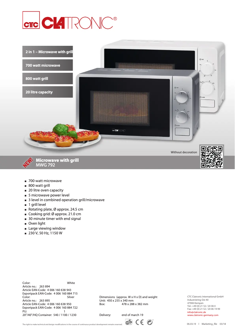 Page 1 of the manual Technical Sheet Clatronic MWG 792