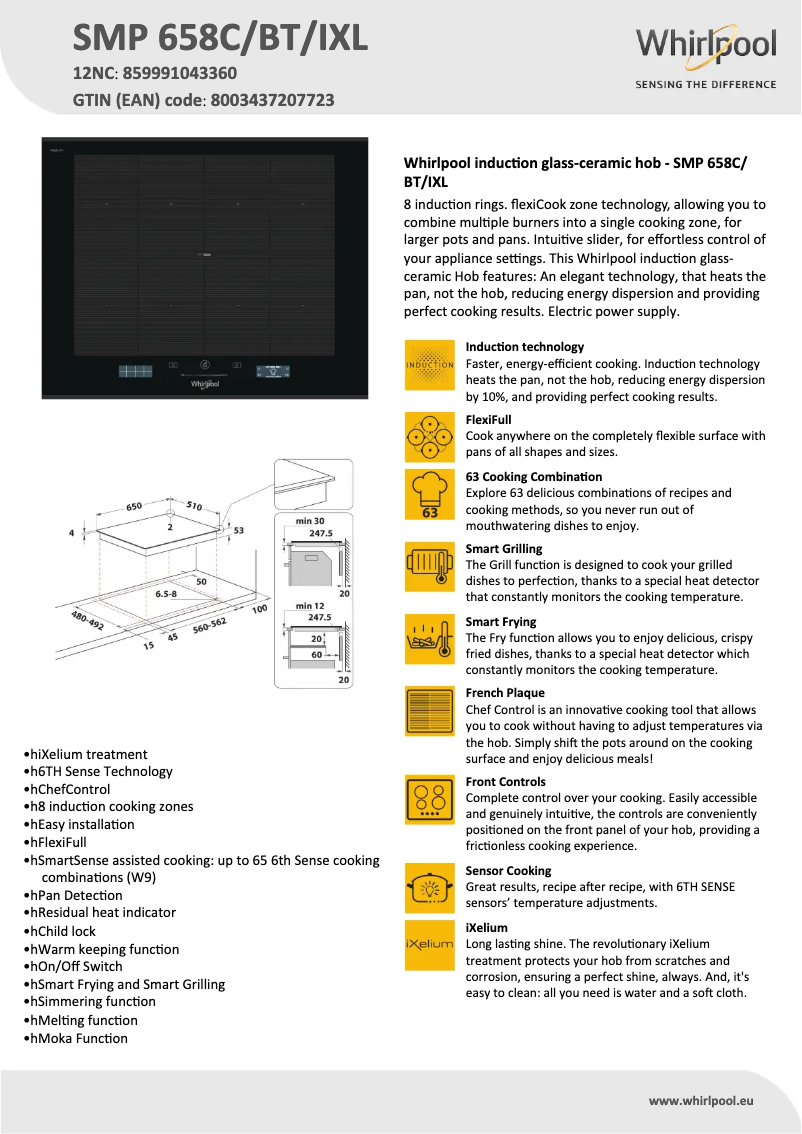 Page 1 of the manual Technical Sheet Whirlpool SMP 658C/BT/IXL