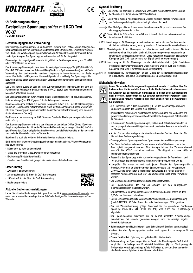 Page 1 of the manual User Manual Voltcraft VC-37