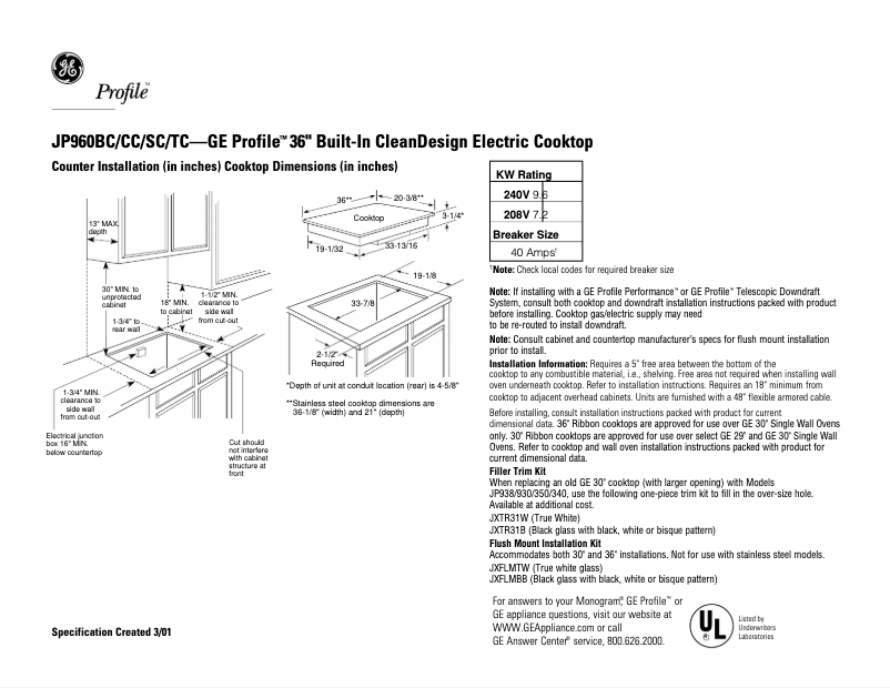 Page 1 of the manual Technical Sheet GE Profile JP960KCCC