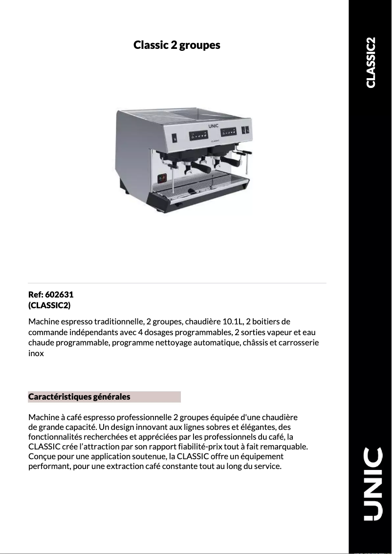 Page 1 of the manual Technical Sheet UNIC Classic 2