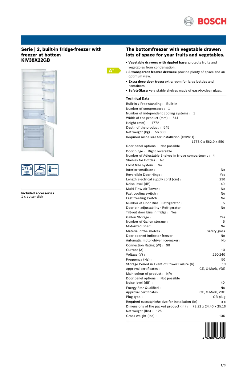Page 1 of the manual Technical Sheet Bosch KIV38X22GB