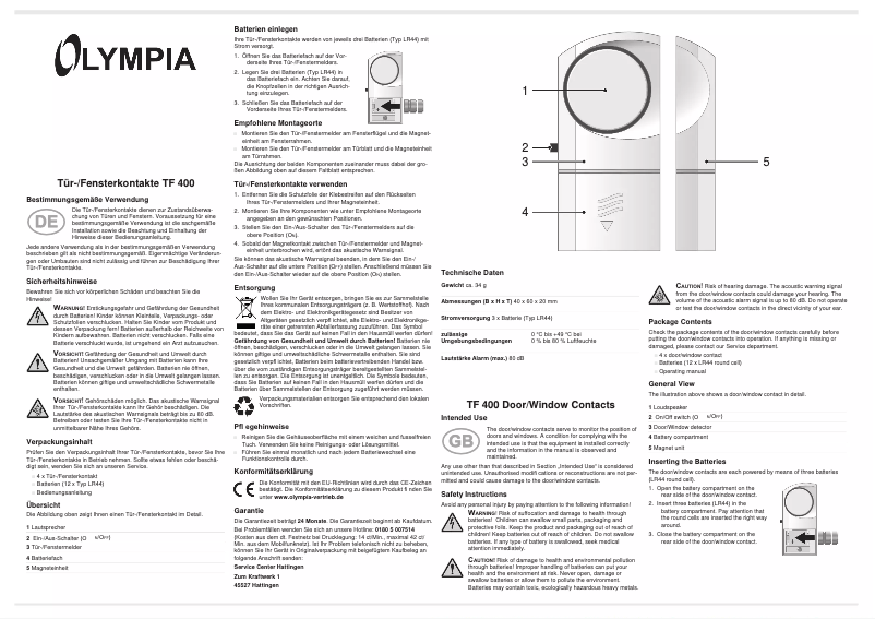 First page image of the manual for TF 400
