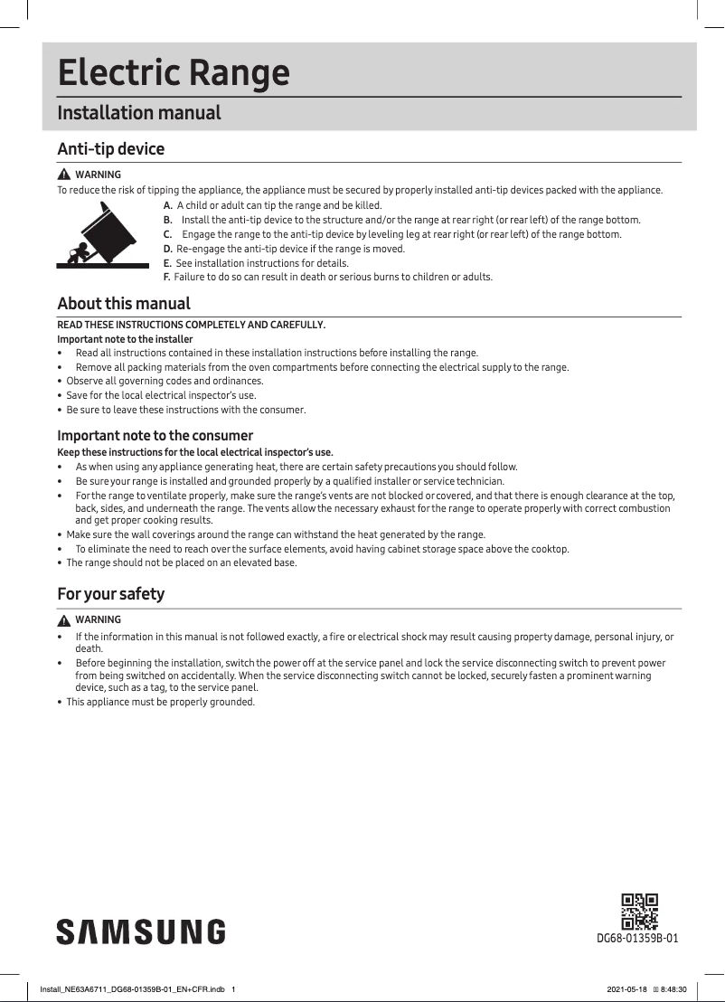Page 1 of the manual Installation Guide Samsung NE63A6111SS