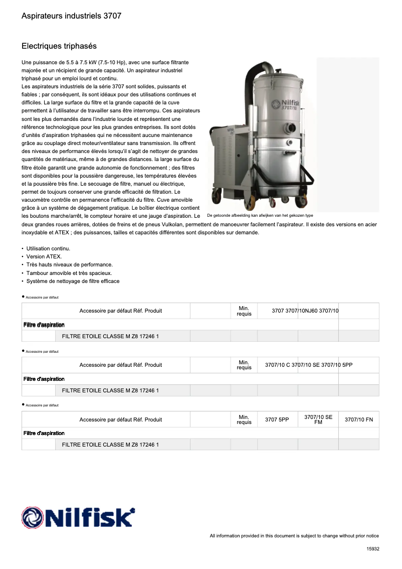 Page 1 of the manual Technical Sheet Nilfisk 3707/10