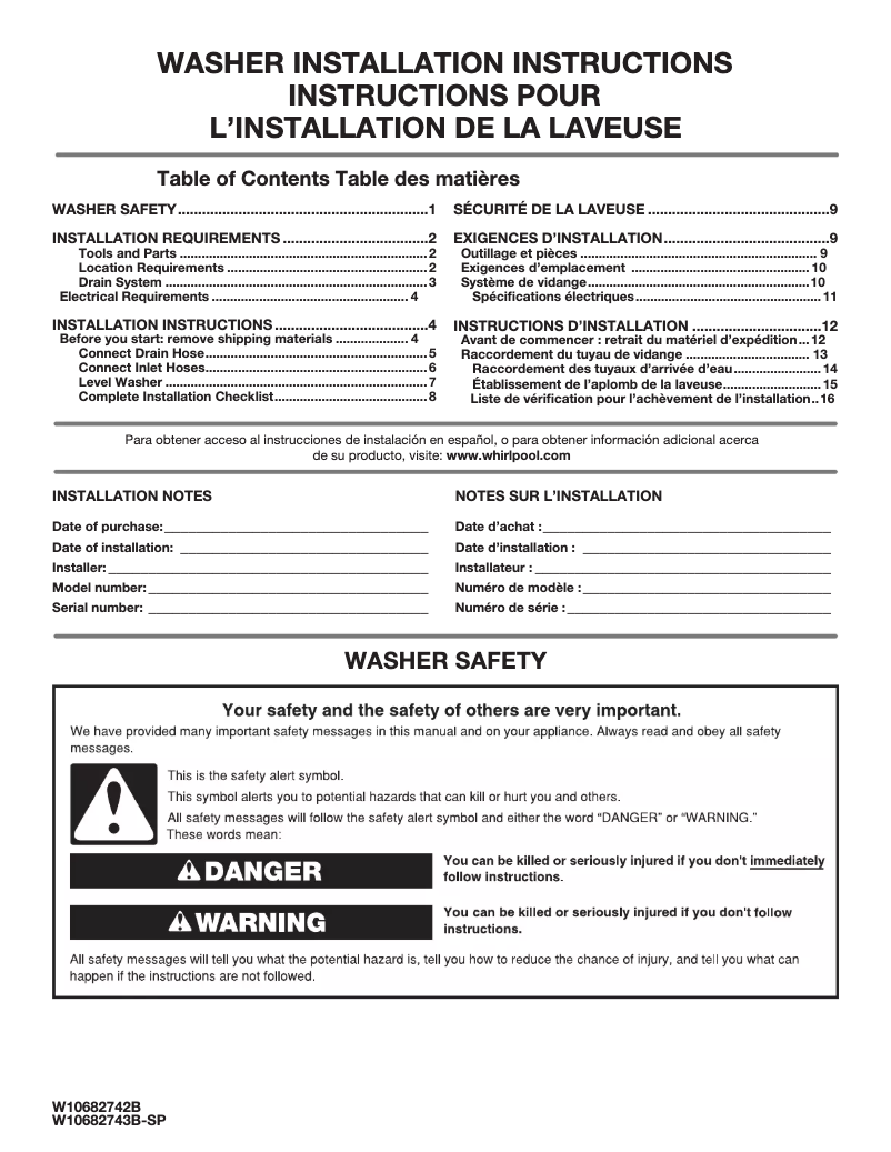 Page 1 of the manual Installation Guide Maytag MVWB865G