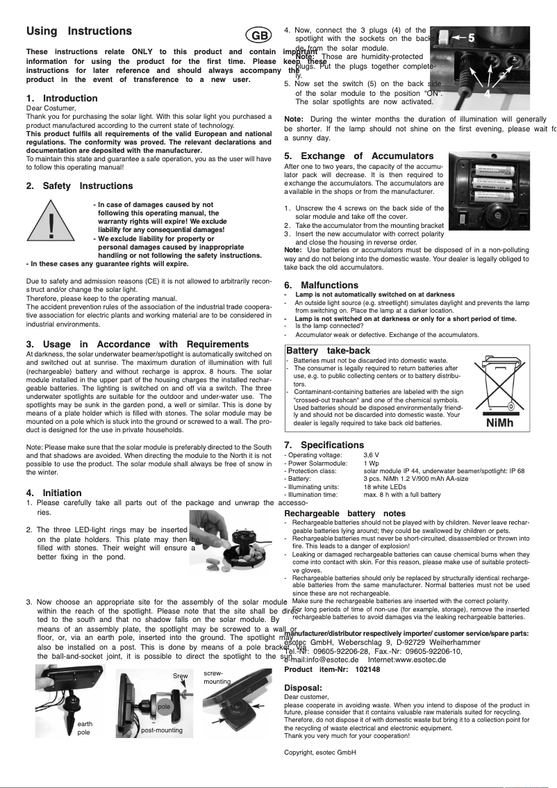 Page 1 of the manual User Manual Esotec Splash