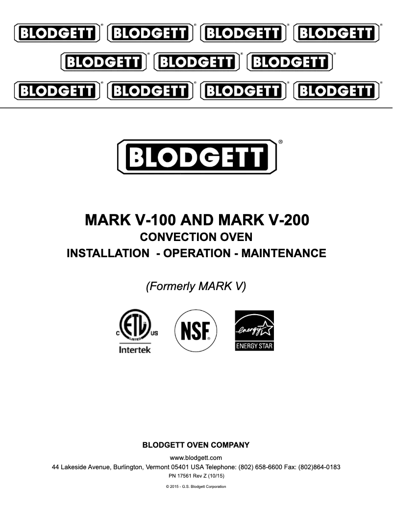 Page 1 of the manual User Manual Blodgett Premium Mark V-200