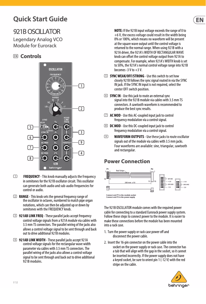 Page 1 of the manual User Manual Behringer 921B Oscillator