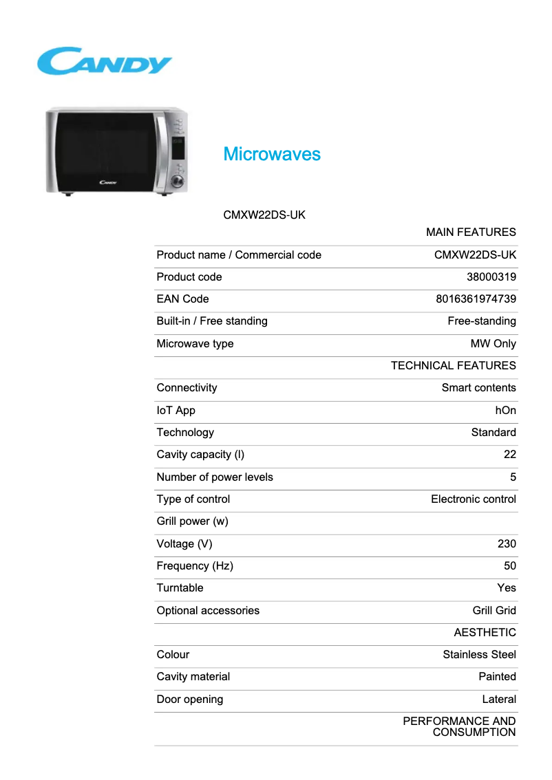 Page 1 of the manual Technical Sheet Candy CMXW22DS-UK