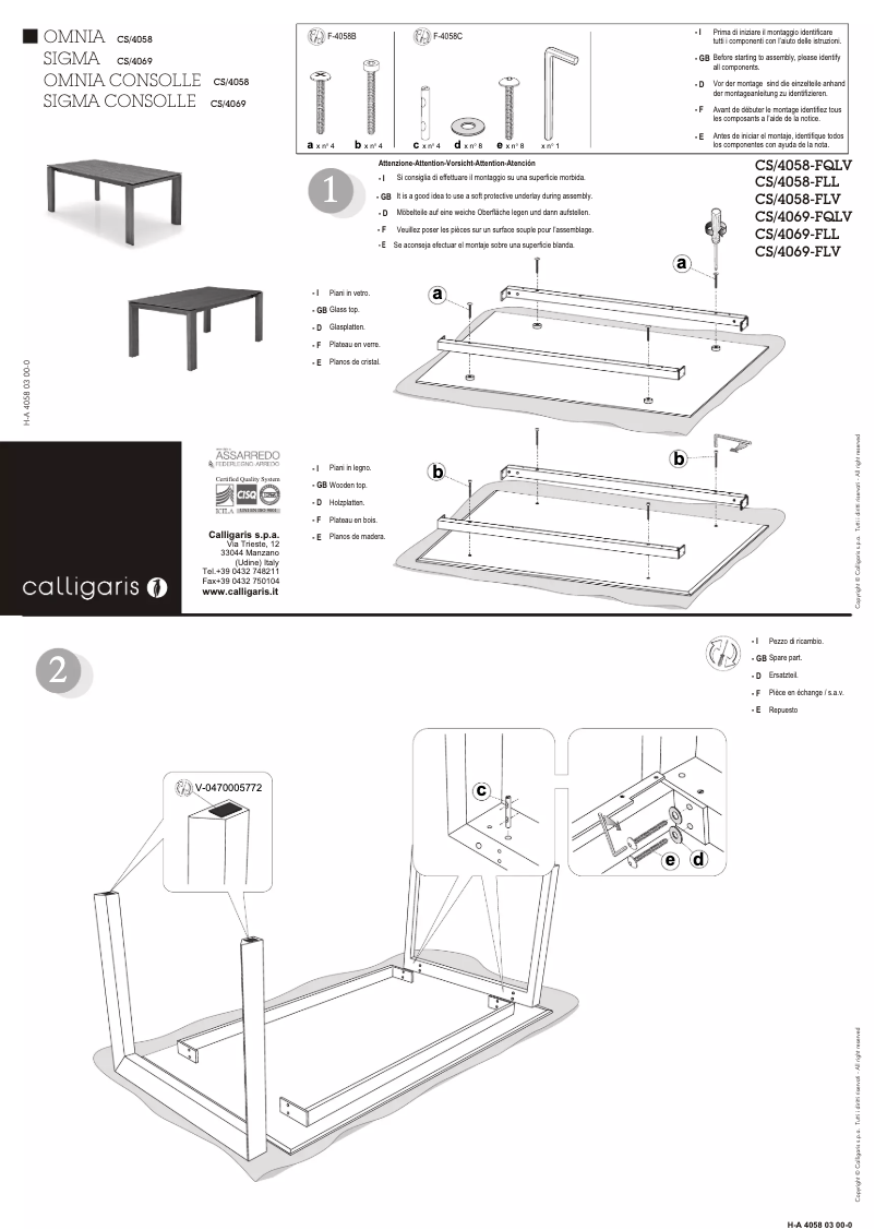 Page 1 of the manual User Manual Calligaris .com SIGMA CONSOLLE CS/4069-LL 120