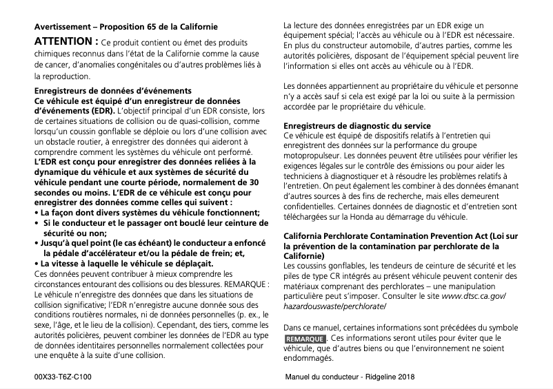 First page image of the manual for Ridgeline (2018)