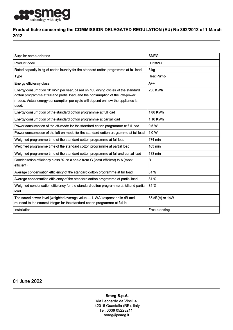Page 1 of the manual Brochure Smeg DT282PIT