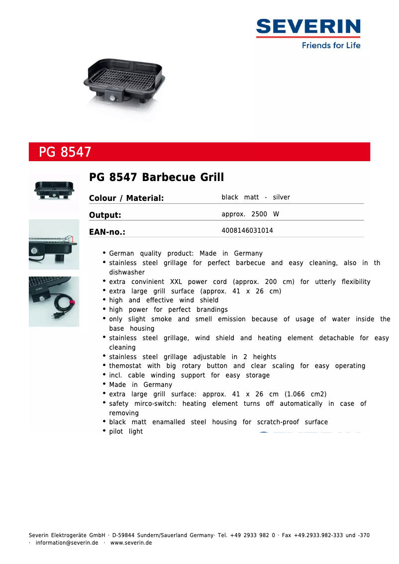 Page 1 of the manual Technical Sheet Severin PG 8547