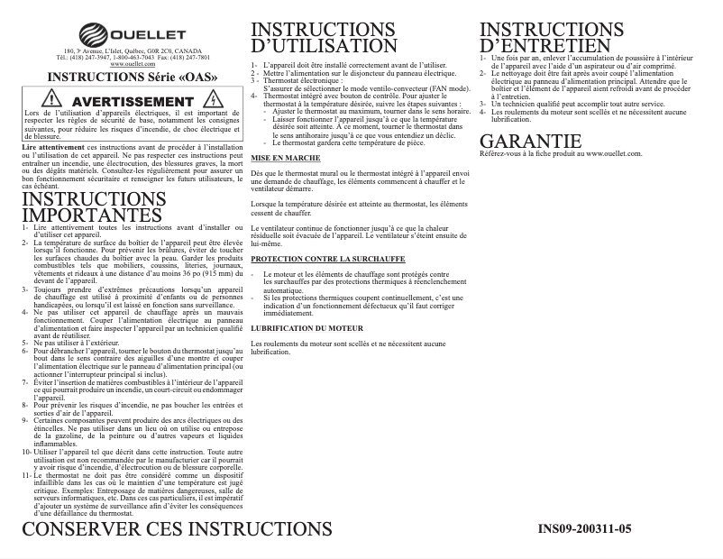 Page 1 of the manual User Manual Ouellet OAS10036T