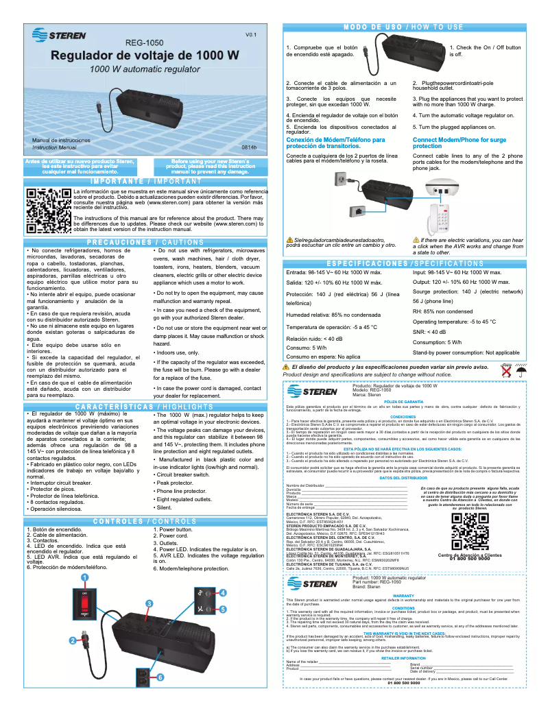 Page 1 of the manual User Manual Steren REG-1050
