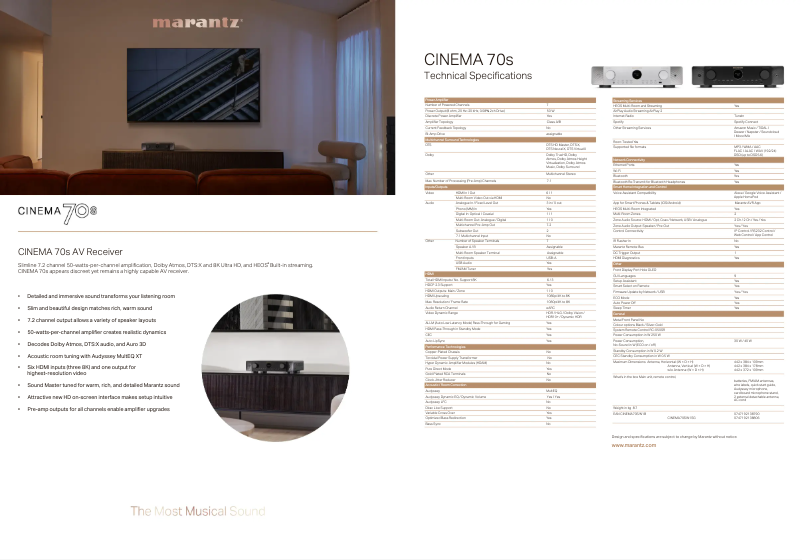 Page 1 of the manual Technical Sheet Marantz Cinema 70s