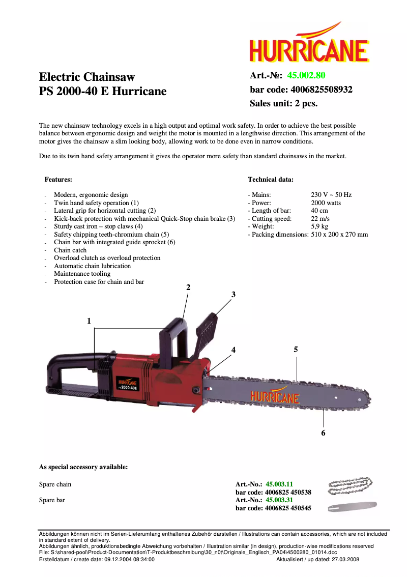 Page 1 of the manual Technical Sheet Hurricane PS 2000-40 E