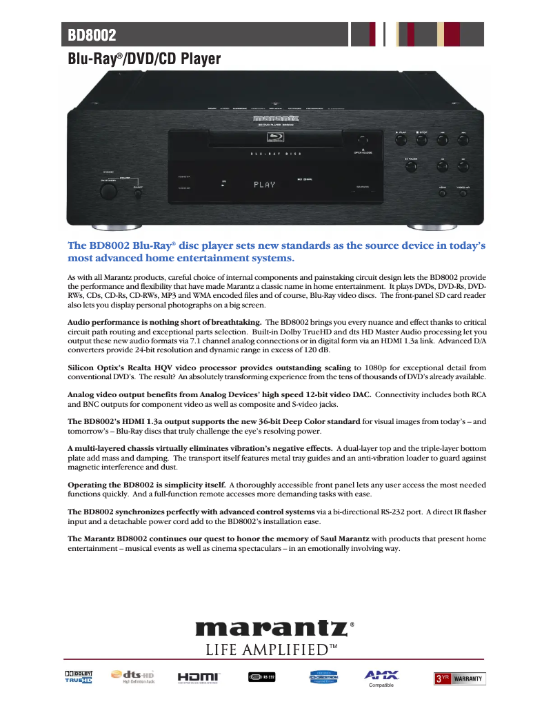 Page 1 of the manual Technical Sheet Marantz BD8002