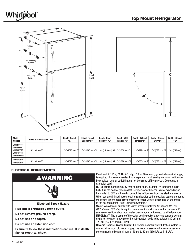 Image de la première page du manuel de l'appareil WRT138FFDW