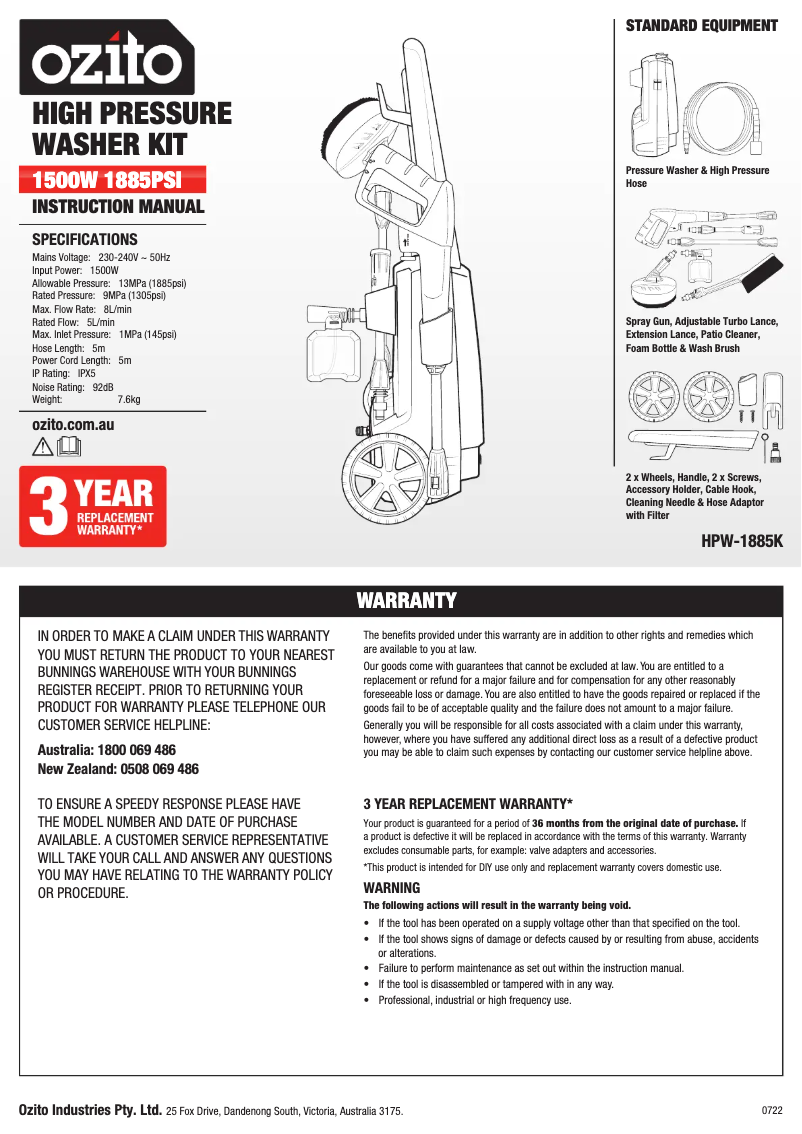 Page 1 of the manual User Manual Ozito HPW-1885K