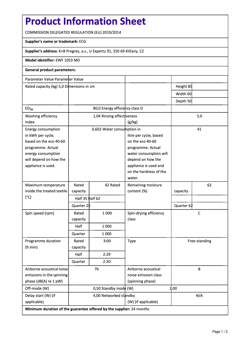 Page 1 of the manual Technical Sheet ECG EWF 1053 MD