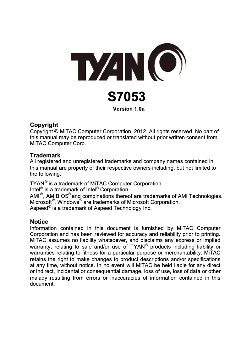 Page 1 of the manual User Manual Tyan S7053