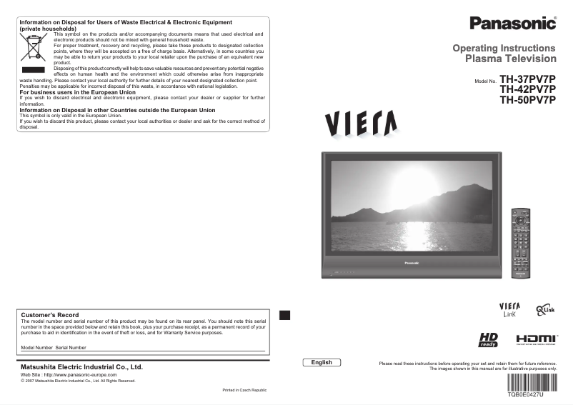 First page image of the manual for Viera TH-50PV7P