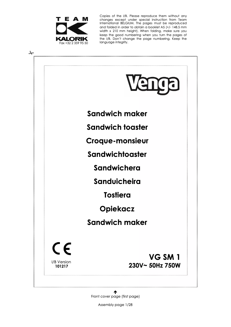 First page image of the manual for VG SM 1
