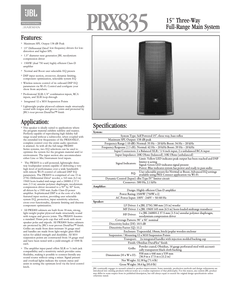 Page 1 of the manual Technical Sheet JBL PRX835