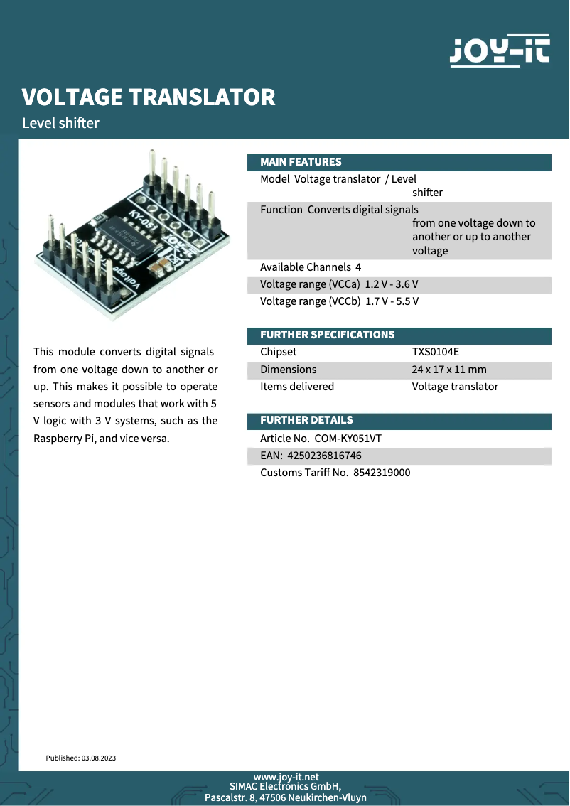 Page 1 of the manual Technical Sheet Joy-It COM-KY051VT