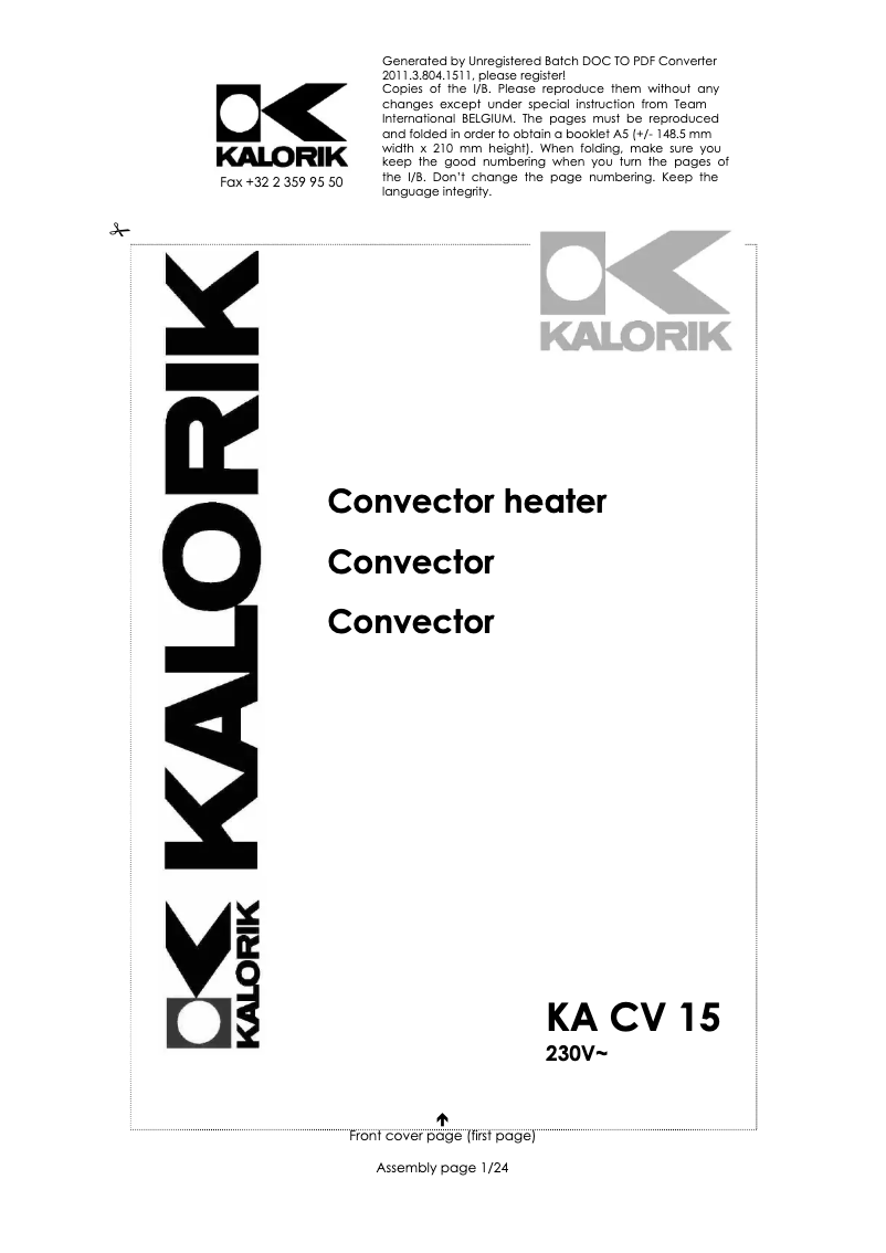 First page image of the manual for KA CV 15