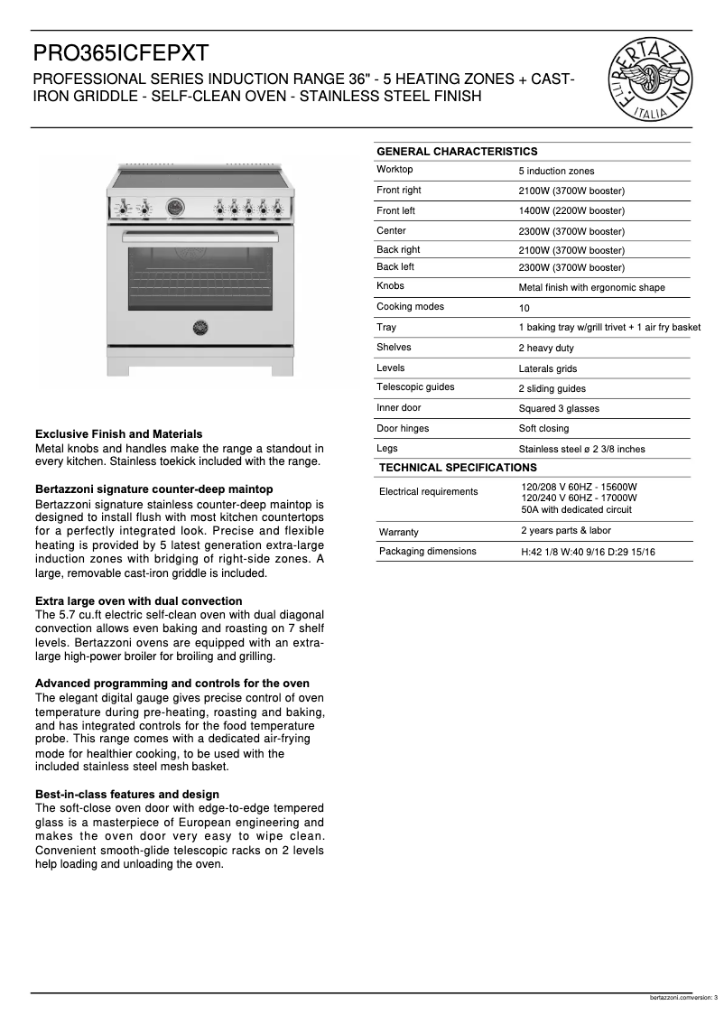 Page 1 of the manual Technical Sheet Bertazzoni PRO365ICFEPCAT