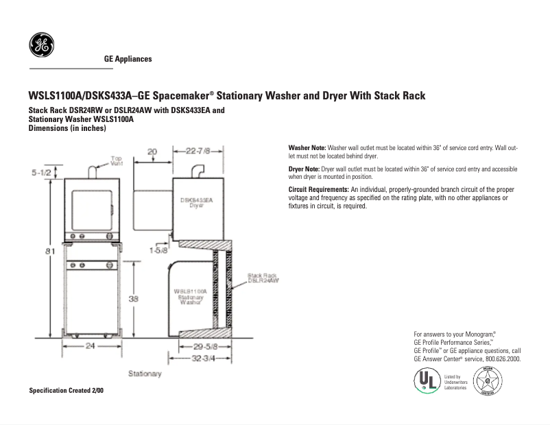 Page 1 of the manual Technical Sheet GE WSLS1100AAA