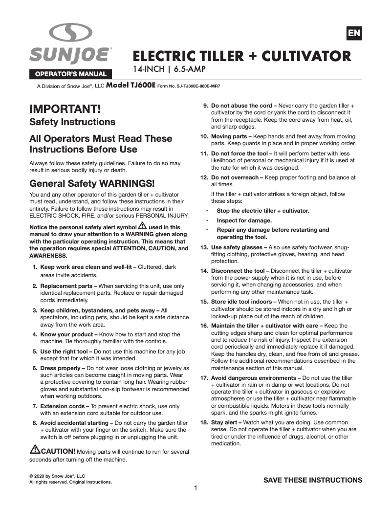 Page 1 of the manual User Manual Sun Joe TJ600E