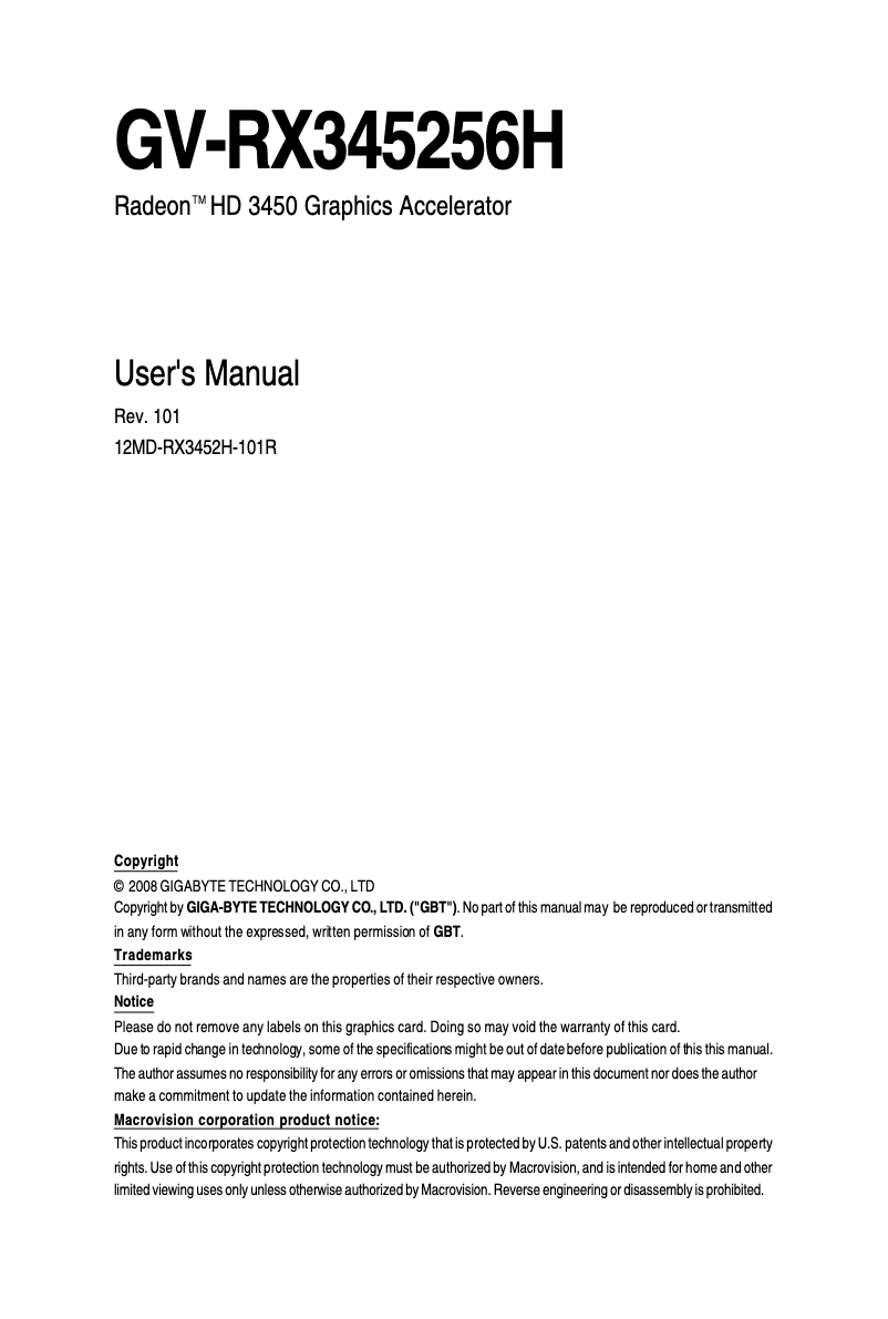 Page 1 of the manual User Manual Gigabyte GV-RX345256H