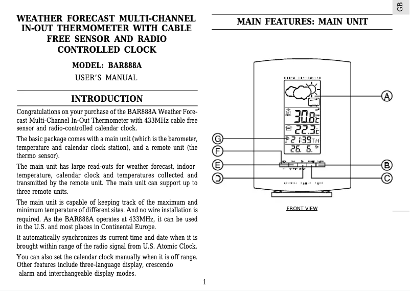 Page 1 of the manual User Manual Oregon Scientific BAR 888A