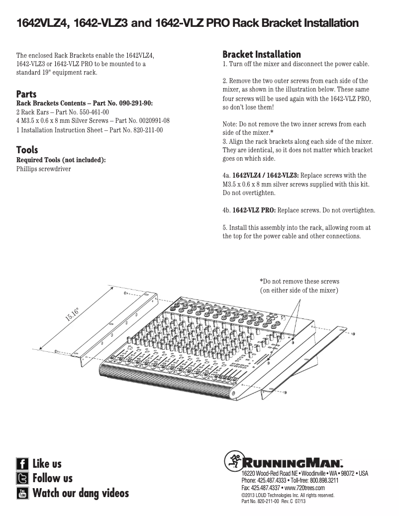 Page 1 of the manual Installation Guide Mackie 1642VLZ4
