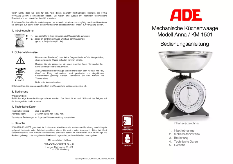 First page image of the manual for Anna KM 1501