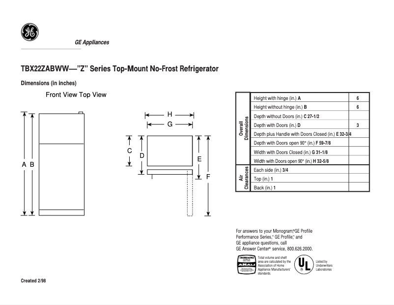 Page 1 of the manual Technical Sheet GE TBX22ZABWW