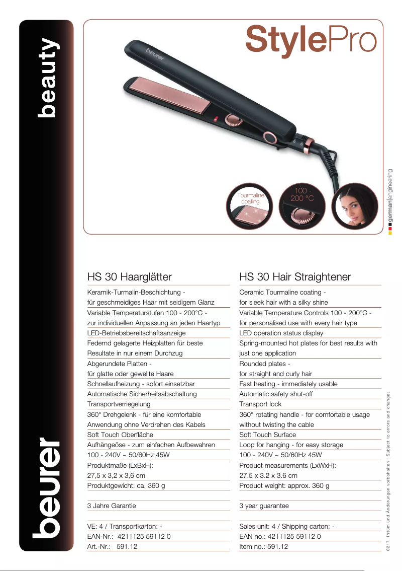 Page 1 of the manual Technical Sheet Beurer HS 30