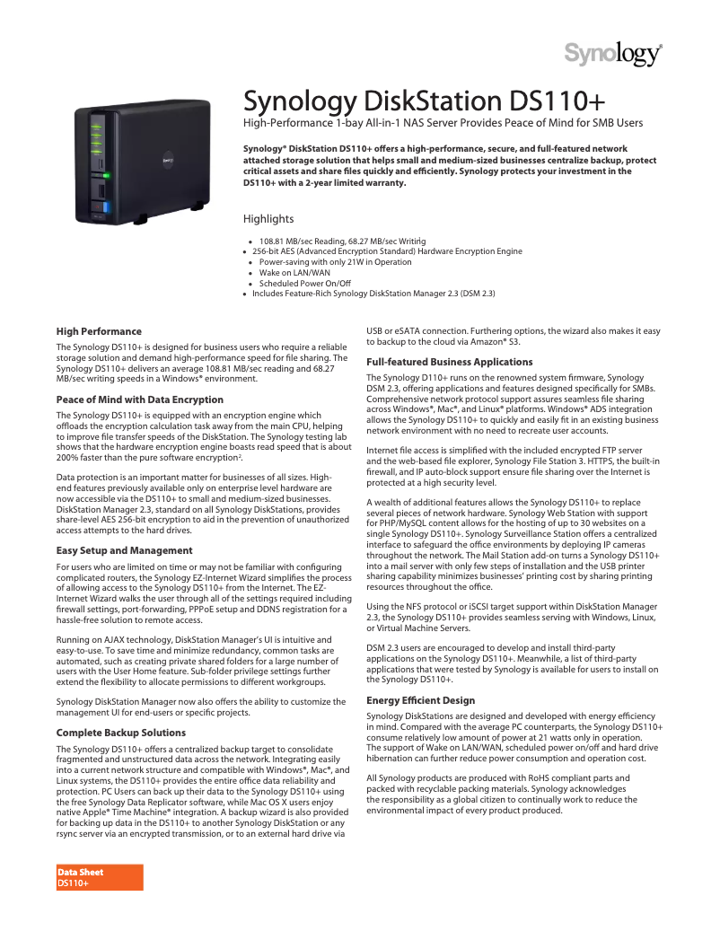 First page image of the manual for DiskStation DS110+